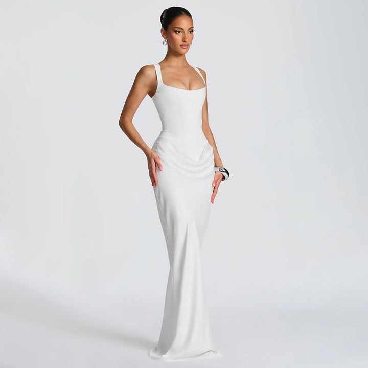 Maxi dress with satin pleats and corset tie at the back for waist fitting - Loiana
