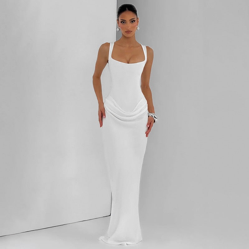 Maxi dress with satin pleats and corset tie at the back for waist fitting - Loiana