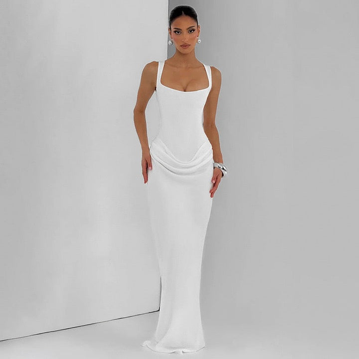 Maxi dress with satin pleats and corset tie at the back for waist fitting - Loiana