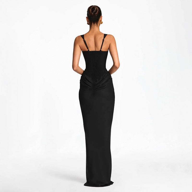 Maxi dress with satin pleats and corset tie at the back for waist fitting - Loiana