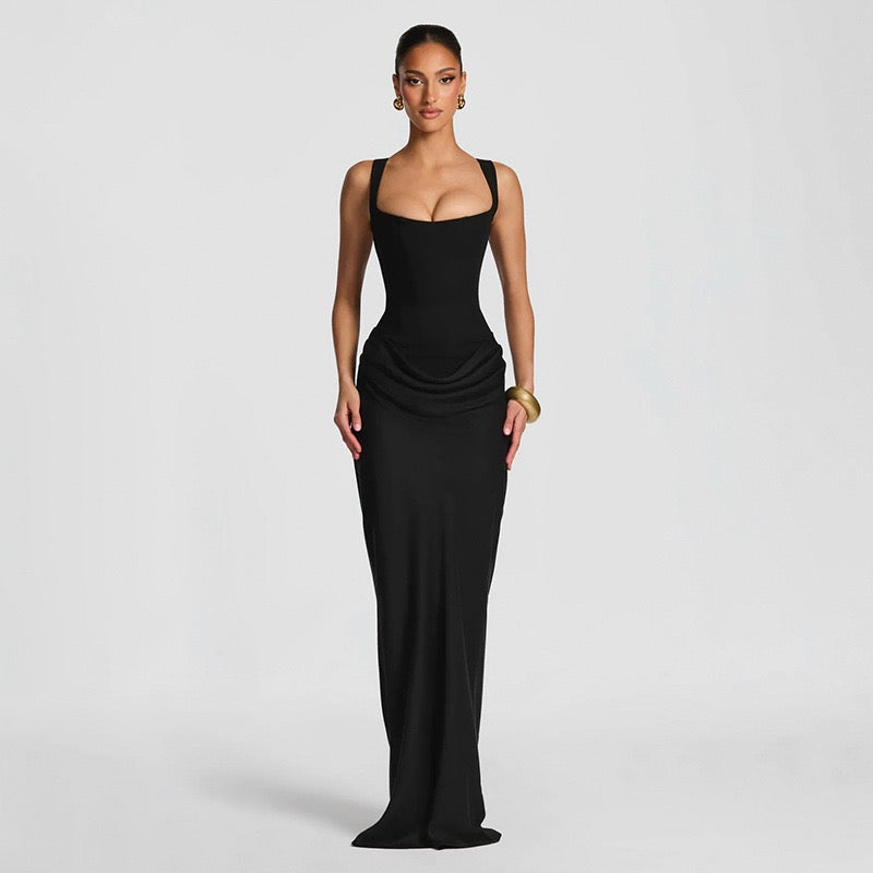 Maxi dress with satin pleats and corset tie at the back for waist fitting - Loiana