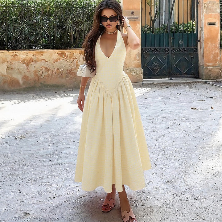 AMALIYA A-line maxi dress with a neck tie and open back