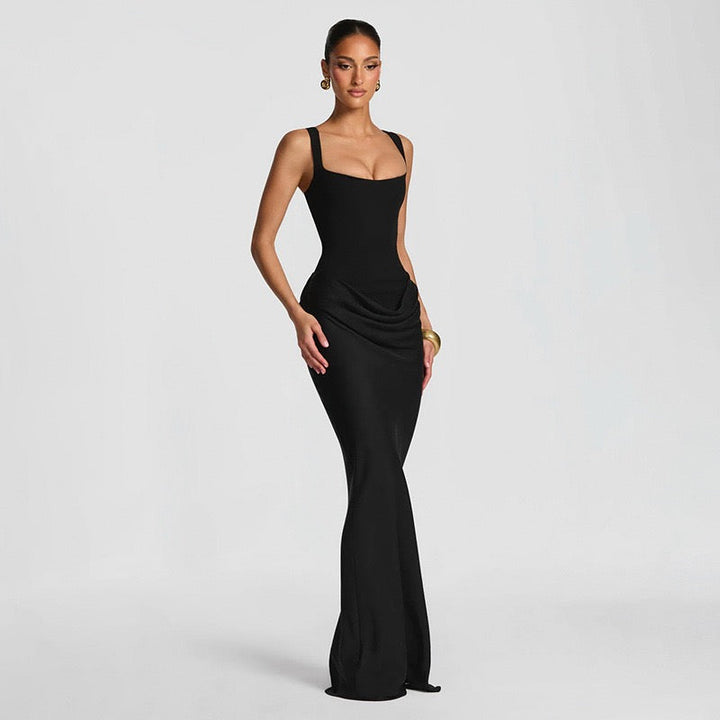 Maxi dress with satin pleats and corset tie at the back for waist fitting - Loiana