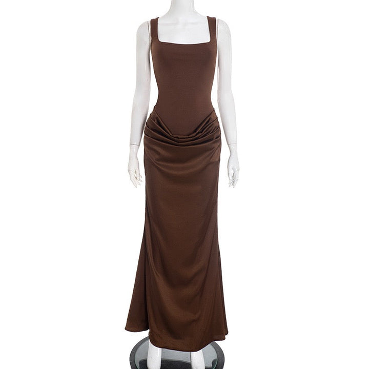 Maxi dress with satin pleats and corset tie at the back for waist fitting - Loiana