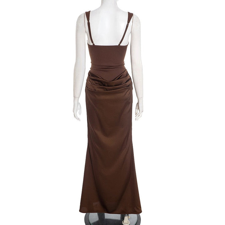 Maxi dress with satin pleats and corset tie at the back for waist fitting - Loiana