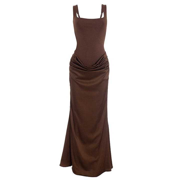 Maxi dress with satin pleats and corset tie at the back for waist fitting - Loiana
