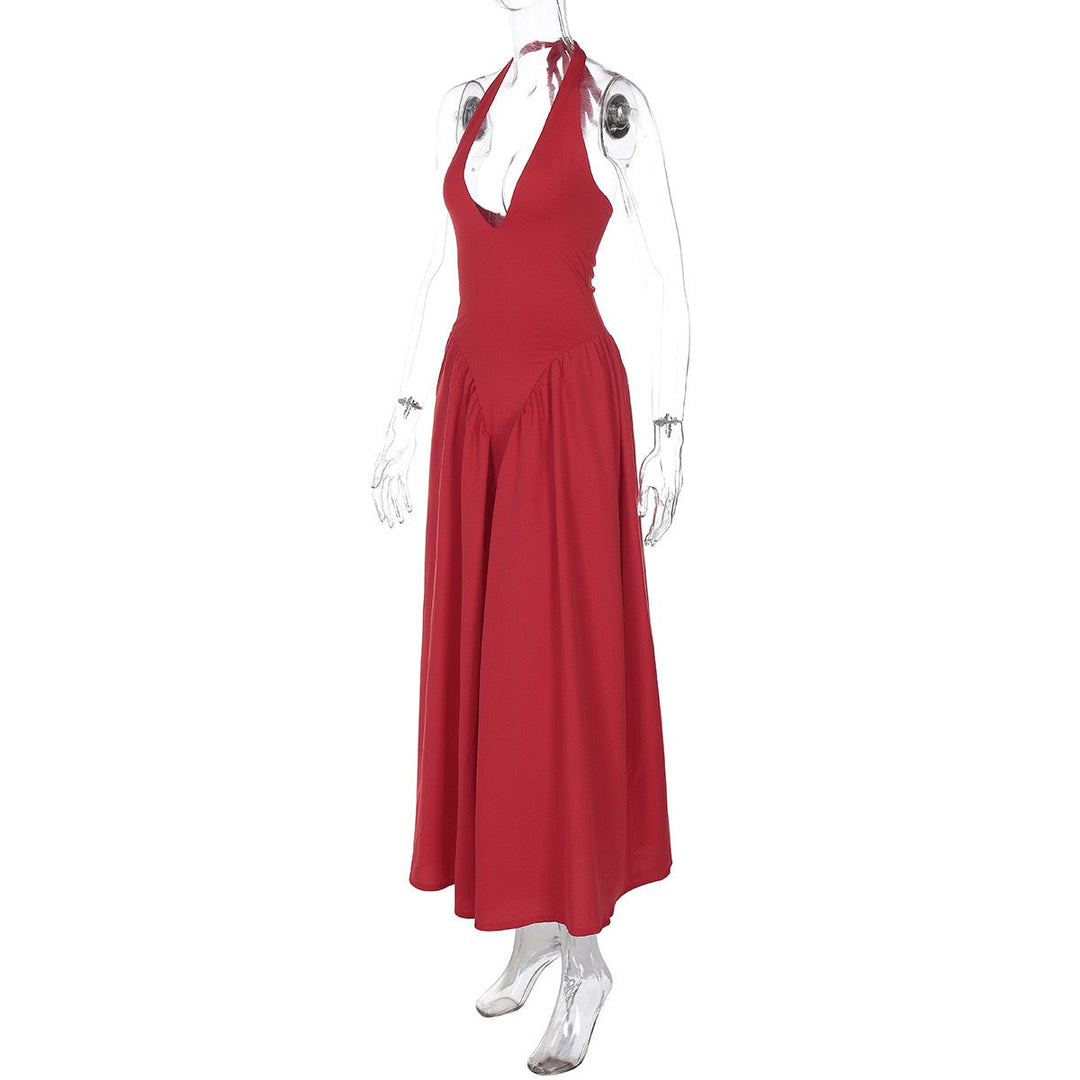 AMALIYA A-line maxi dress with a neck tie and open back