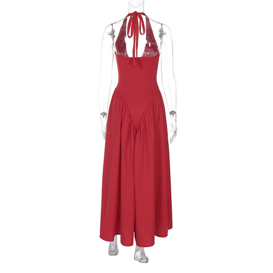 AMALIYA A-line maxi dress with a neck tie and open back
