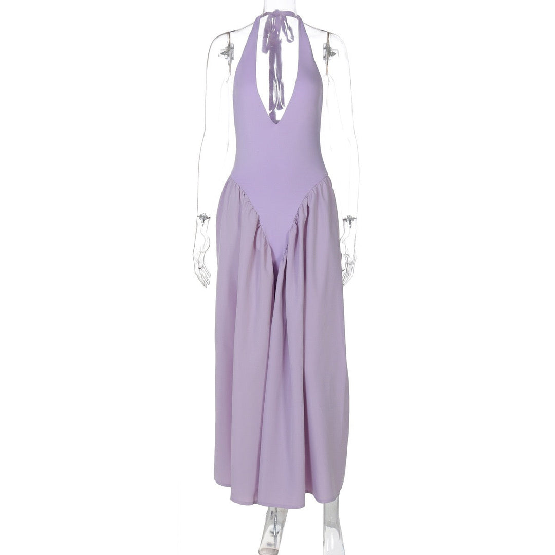 AMALIYA A-line maxi dress with a neck tie and open back