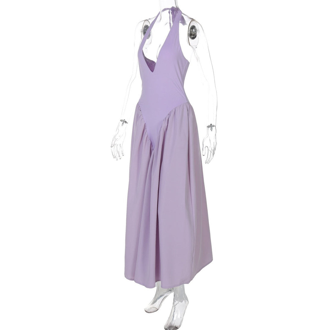 AMALIYA A-line maxi dress with a neck tie and open back