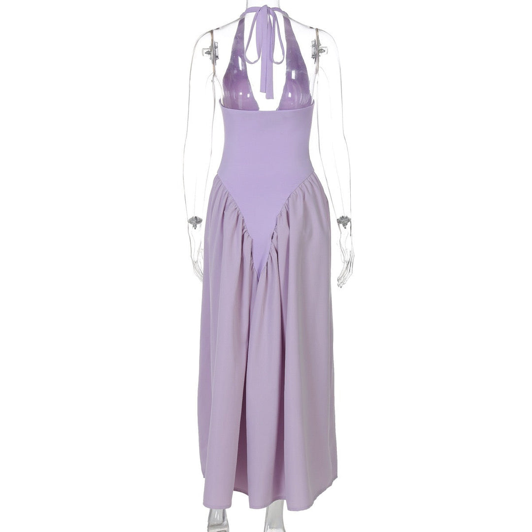 AMALIYA A-line maxi dress with a neck tie and open back
