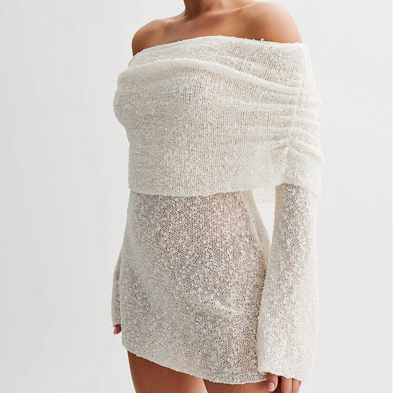 Knitted Mini Beach Dress with Off-Shoulder - Larry