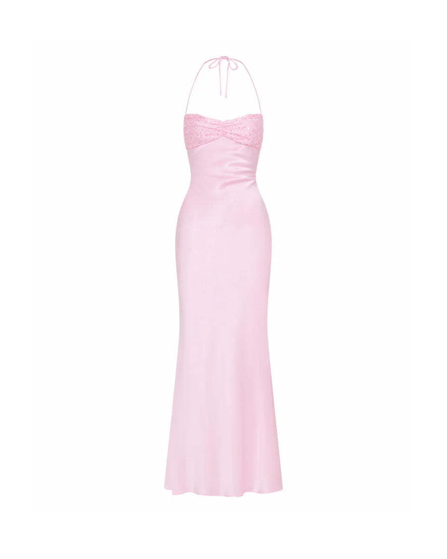 Lisia satin maxi dress with sequin detailing and an open back
