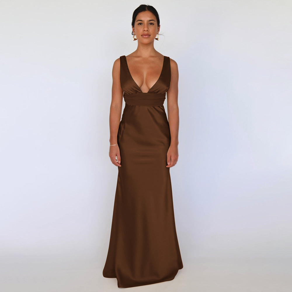 Milia elegant satin maxi dress with a pearl chain at the back