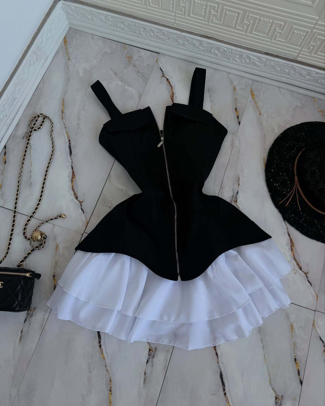 Glinda zip-up mini dress with chiffon ruffle detailing