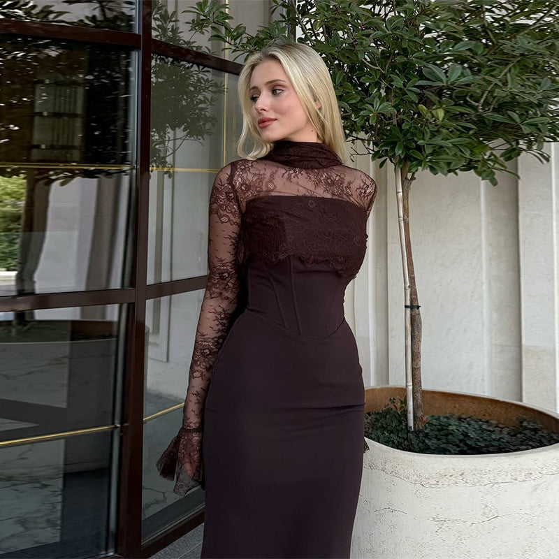 Alisa satin maxi dress with a corset and lace detailing