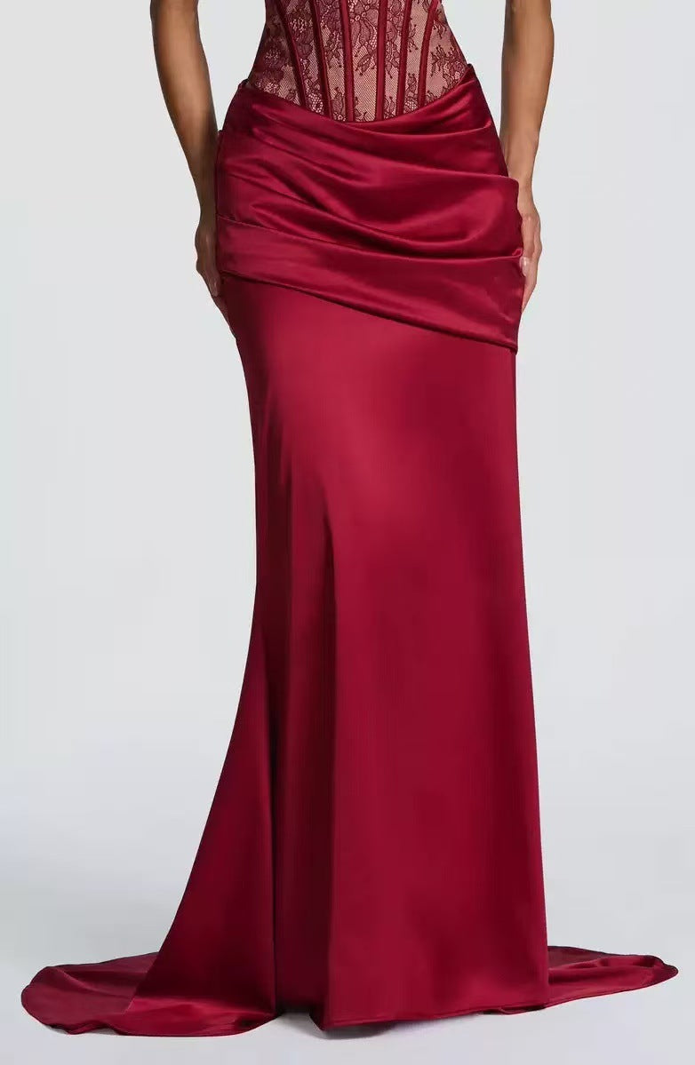 Two-piece set with a lace corset and satin maxi skirt - MONALIZ