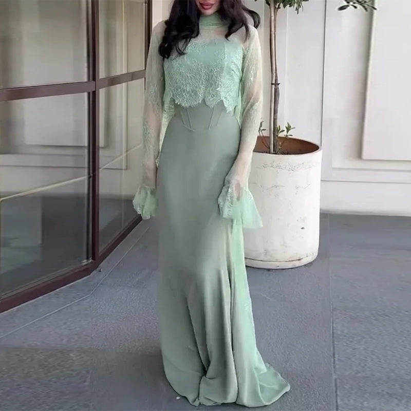 Alisa satin maxi dress with a corset and lace detailing