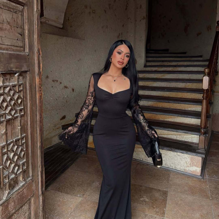 Amara maxi dress in shaping fabric with lace bell sleeves