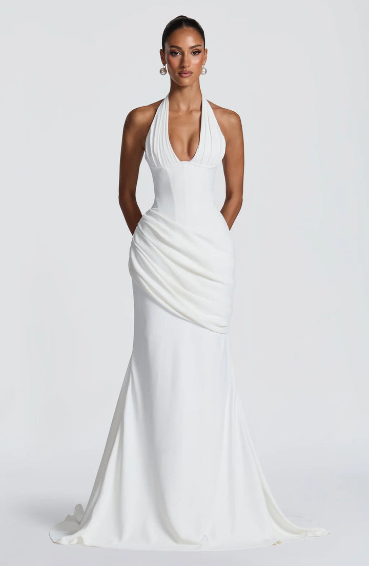 Erin maxi dress with an open back, a back tie for a fitted waist, and a pleated design