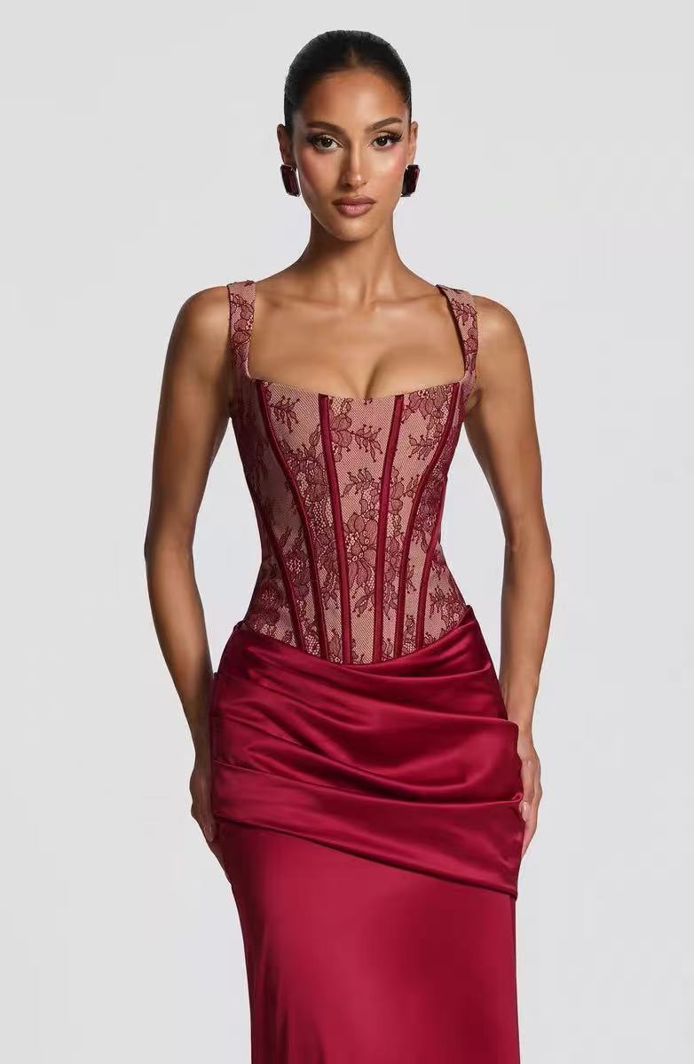 Two-piece set with a lace corset and satin maxi skirt - MONALIZ