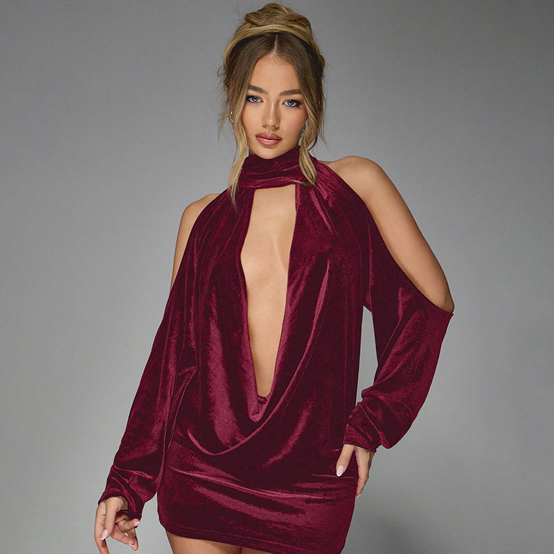 Velvet Mini Dress with Cutouts and Turtleneck Collar - Palmer