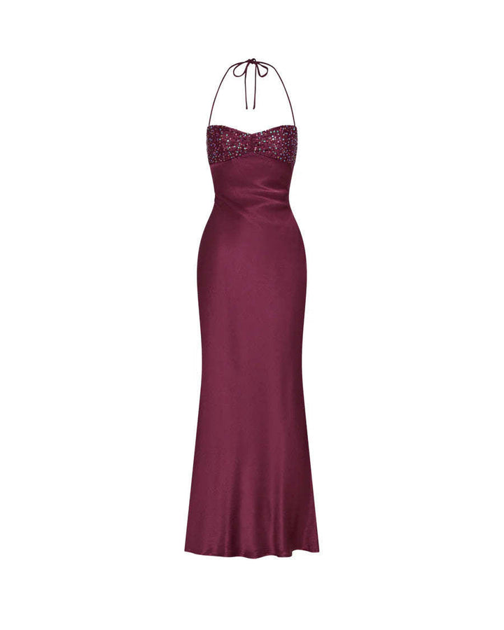 Lisia satin maxi dress with sequin detailing and an open back