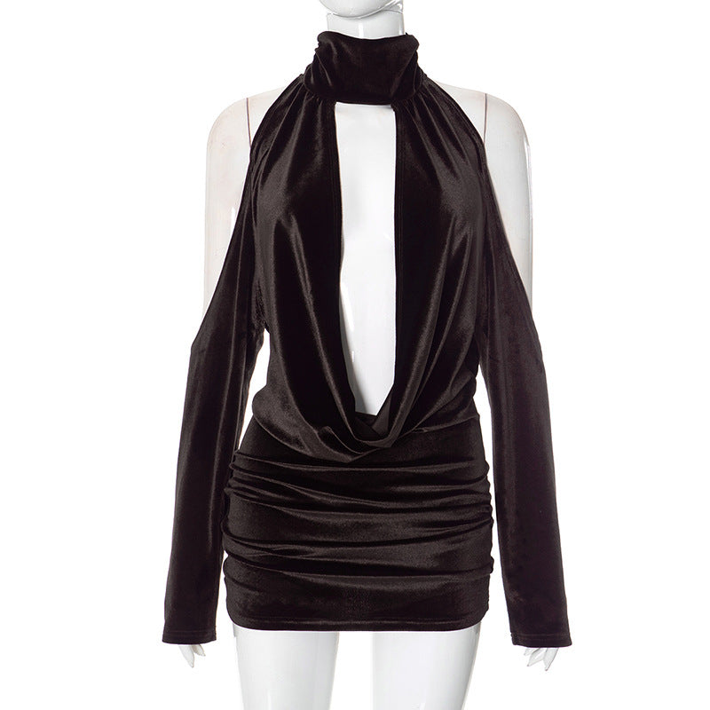 Velvet Mini Dress with Cutouts and Turtleneck Collar - Palmer