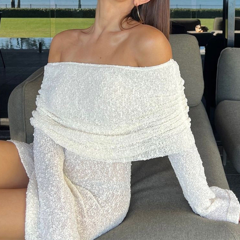 Knitted Mini Beach Dress with Off-Shoulder - Larry