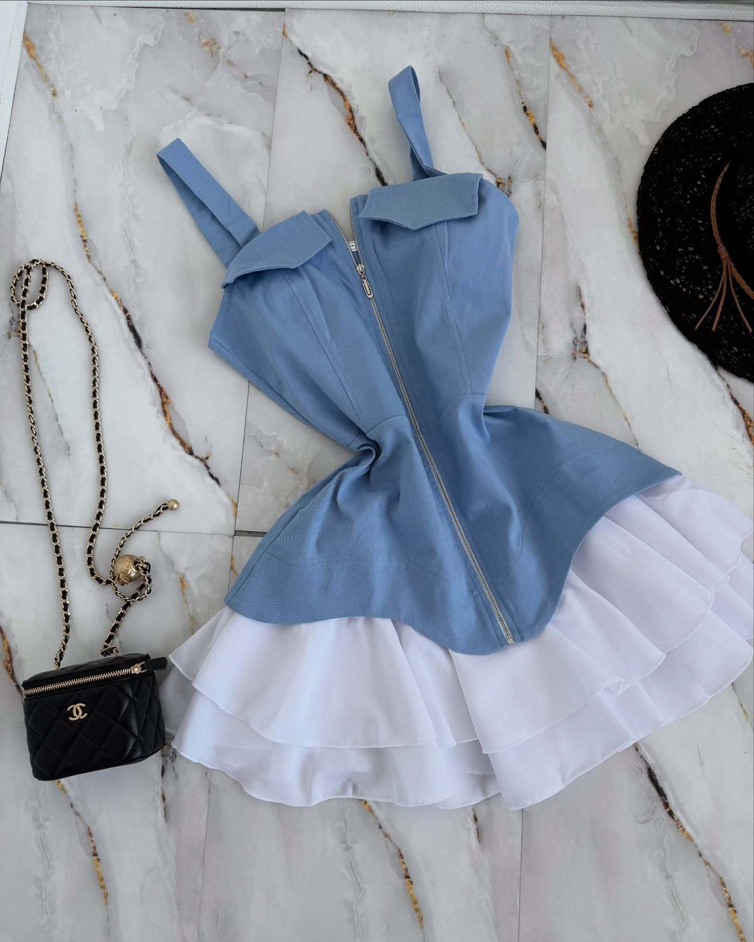 Glinda zip-up mini dress with chiffon ruffle detailing