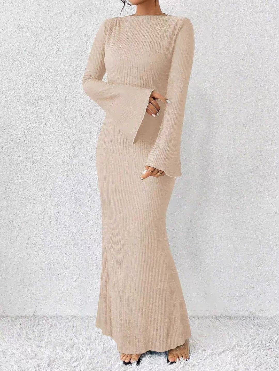Ruched Fabric Maxi Dress with Open Sleeves - Stella