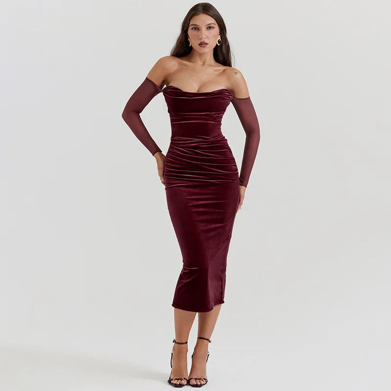 Velvet midi dress with pleats, off-shoulder, and mesh sleeves - Johanna