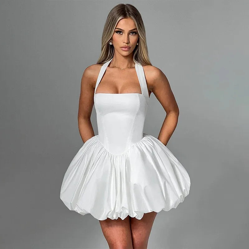 Balloon Mini Dress with Neck Tie and Satin Skirt - Mikaela