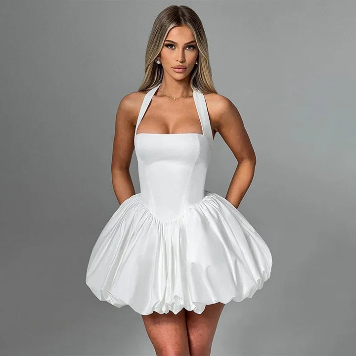 Balloon Mini Dress with Neck Tie and Satin Skirt - Mikaela