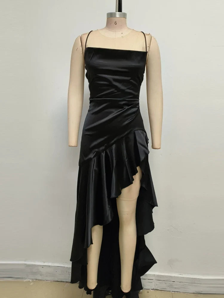 Satin ruffled maxi dress with back ties - Fabiola