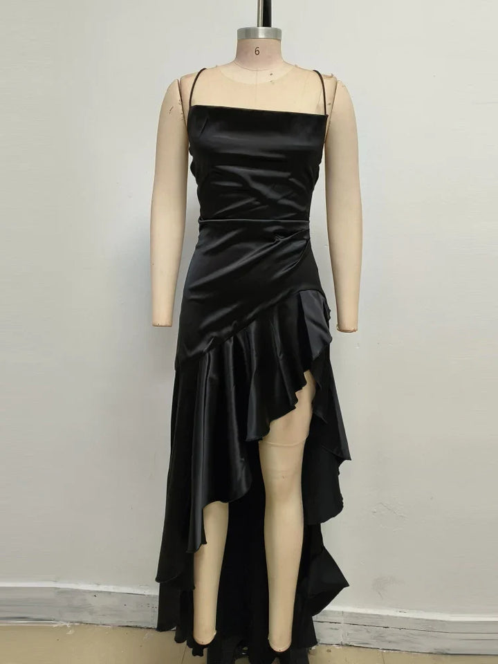 Satin ruffled maxi dress with back ties - Fabiola