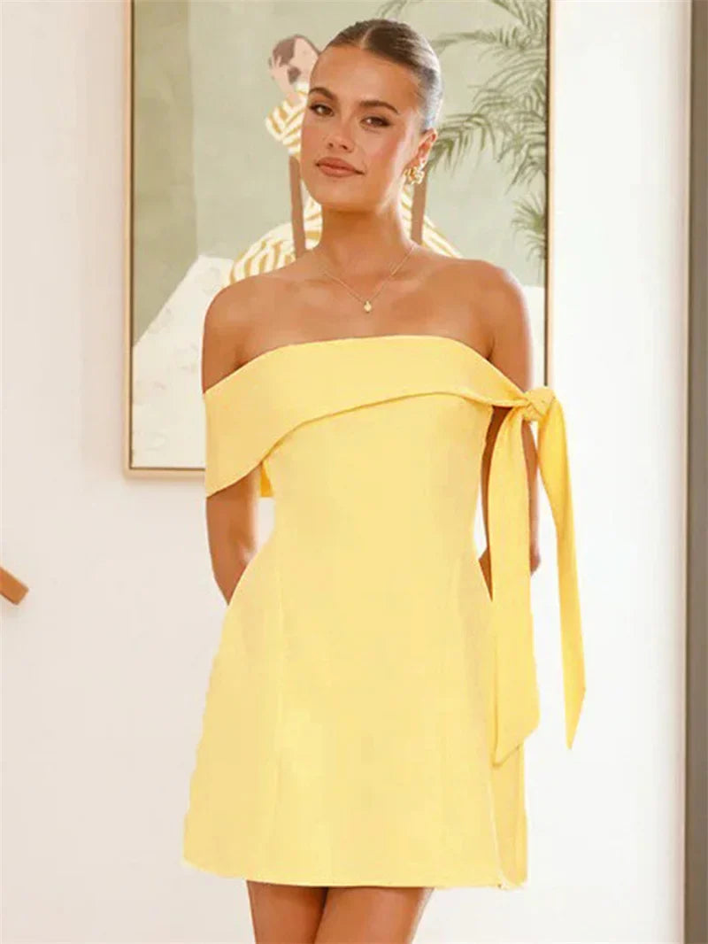 Mini A-line dress with bare shoulders decorated with tie - Sheli