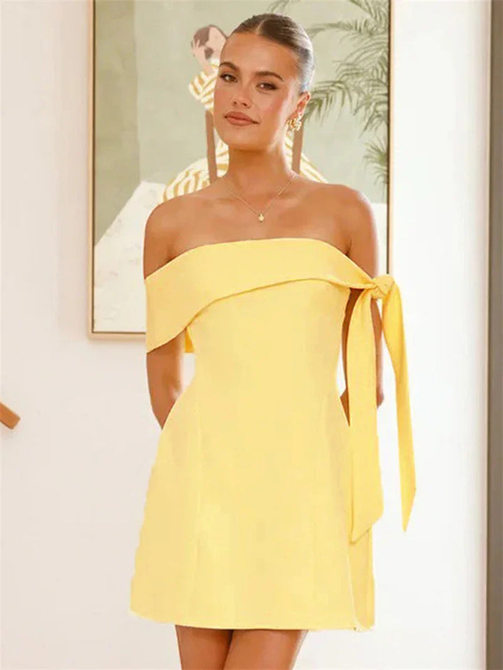 Mini A-line dress with bare shoulders decorated with tie - Sheli