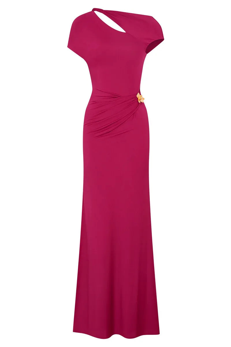 Elegant Maxi Dress with Ruching, One Sleeve, and Buckle Detail - Agatha