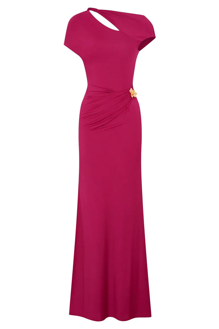 Elegant Maxi Dress with Ruching, One Sleeve, and Buckle Detail - Agatha