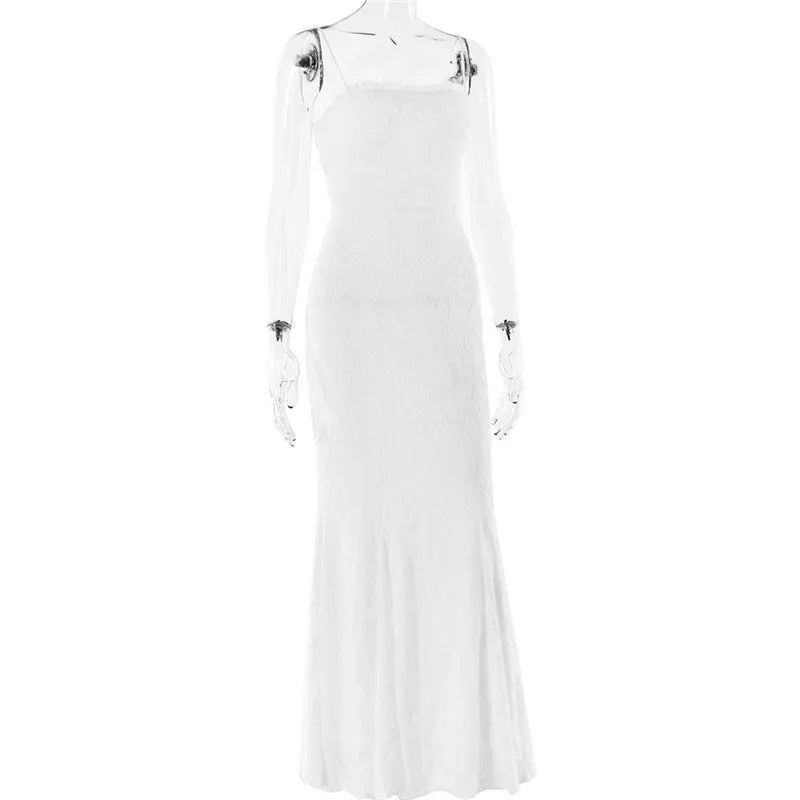 Chiffon Maxi Dress with Leaf Embroidery and Back Tie Design - BLANCA