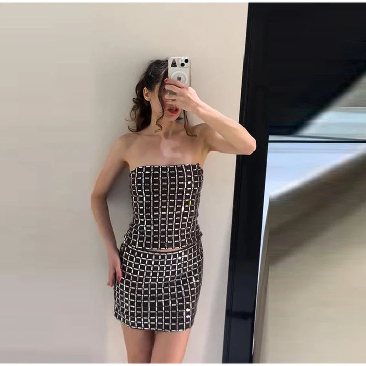 Strapless top / mini skirt / maxi dress / maxi dress with sparkling sequins design