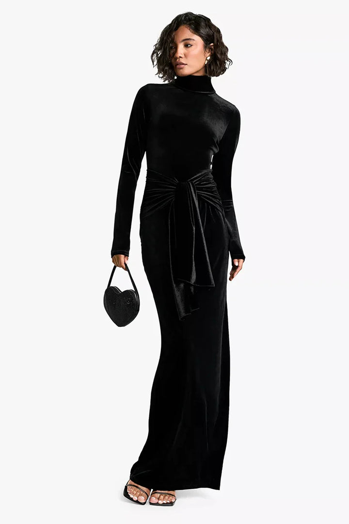 Velvet maxi dress with turtleneck and tie design - Karina