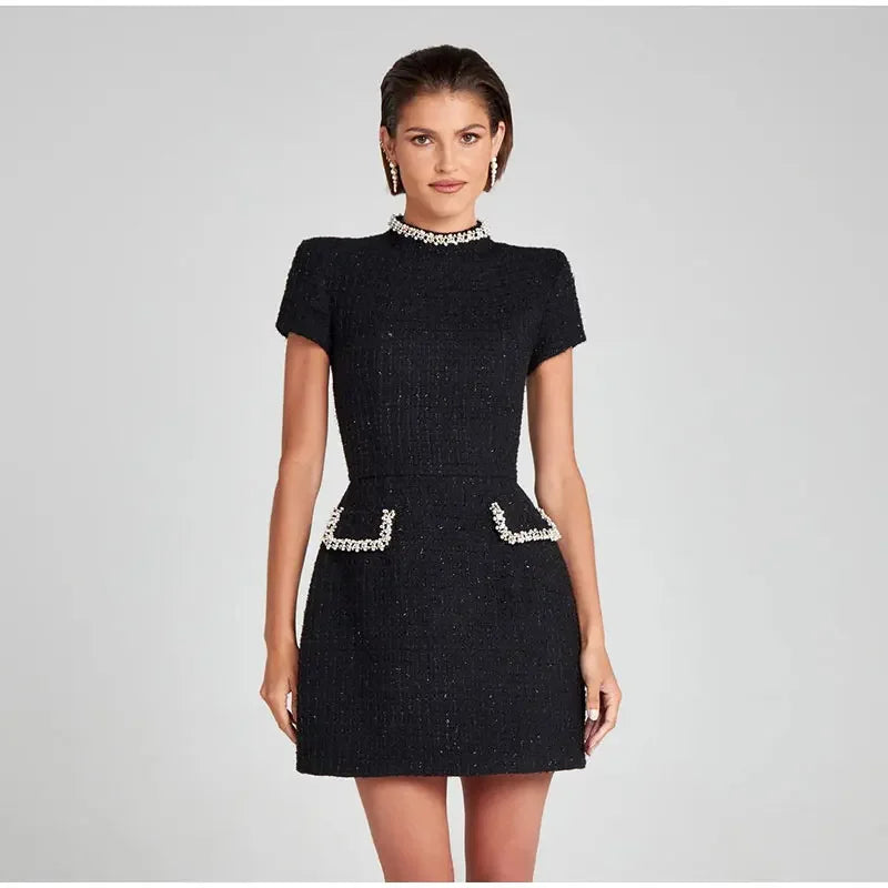 Elegant Mini Dress with Short/Long Sleeves, Tailored Style, Woven Fabric with Sequin and Pearl Embellishment - Lucia