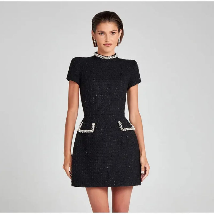 Elegant Mini Dress with Short/Long Sleeves, Tailored Style, Woven Fabric with Sequin and Pearl Embellishment - Lucia