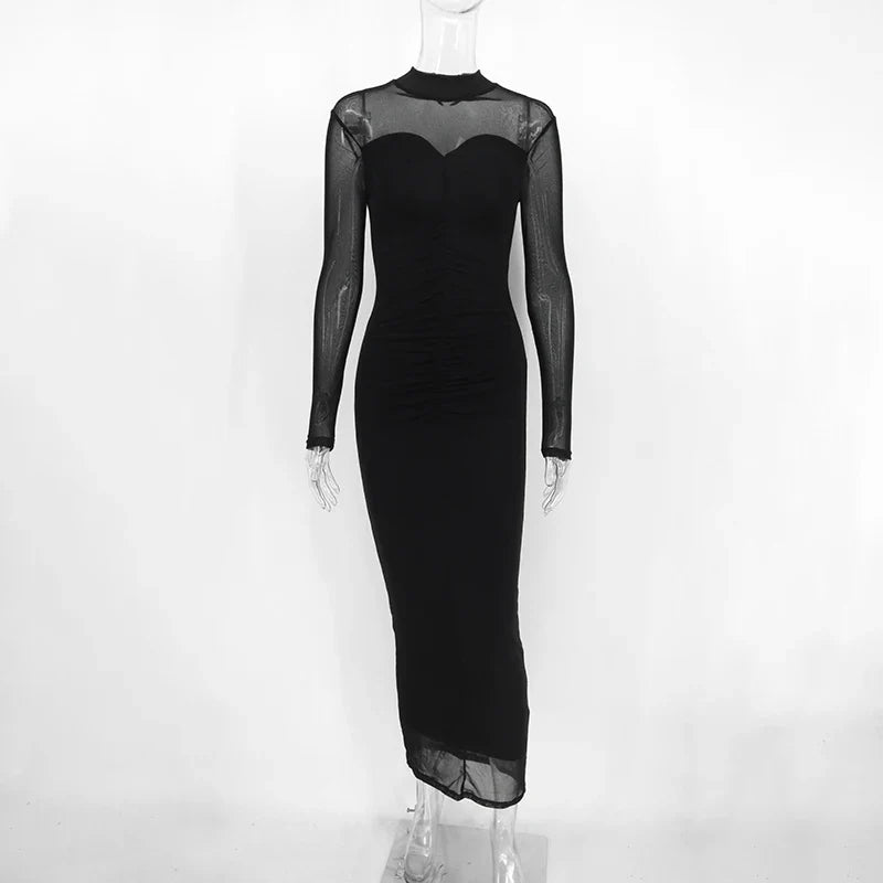 Ruched Shaping Fabric Maxi Dress with Flattering Mesh Design - Amelia