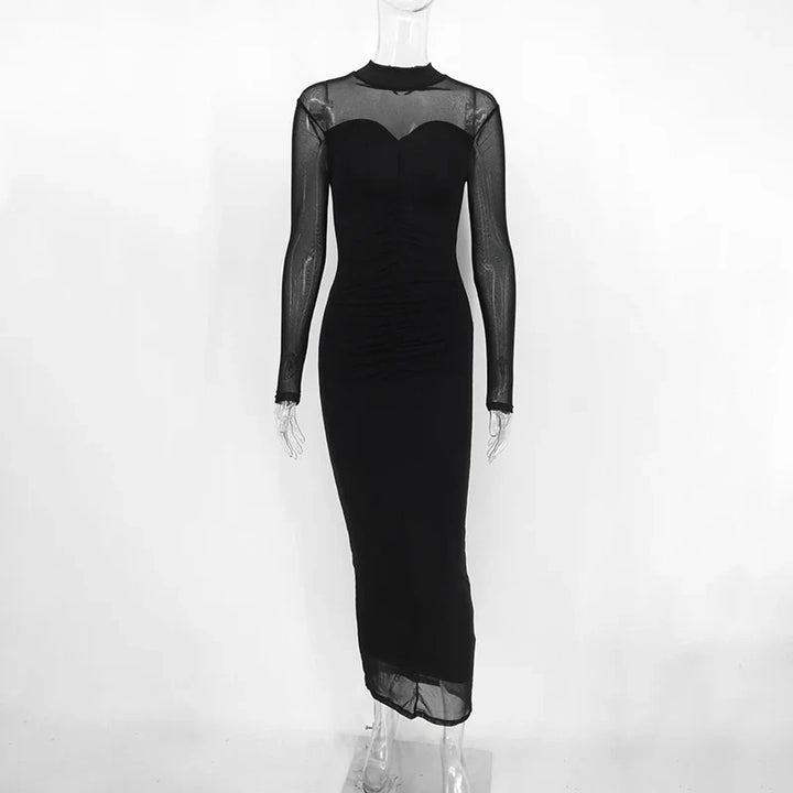 Ruched Shaping Fabric Maxi Dress with Flattering Mesh Design - Amelia
