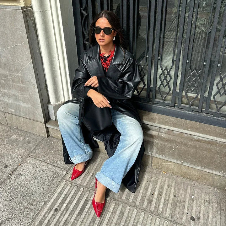 Long Leather Coat with Tie Belt - Sol