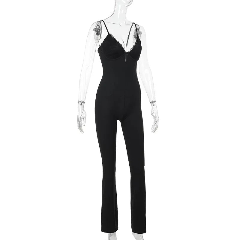 Long pedal-pusher pants jumpsuit with lace trim - Liz