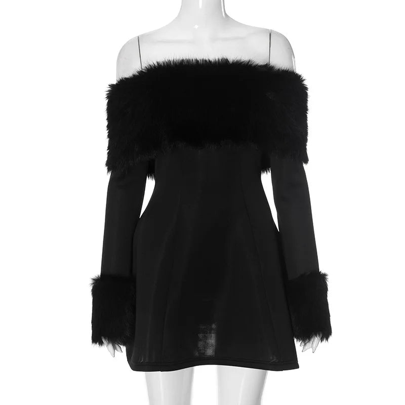 Off-shoulder A-line mini dress with feather fur detail - Ira
